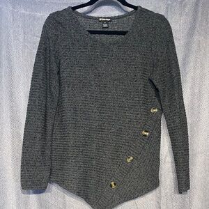 Stylish Gray V-Neck Sweater with Gold Button Detail